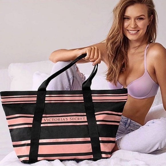 Victoria's Secret Handbags - Victoria's Secret Black, Rose Gold striped bag NWT